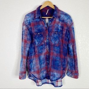 Free People Blue & Red Plaid Double Cloth Oversized Flannel Button Down